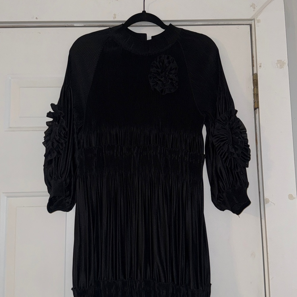 Black Women's Midi Dress with Puff Sleeves